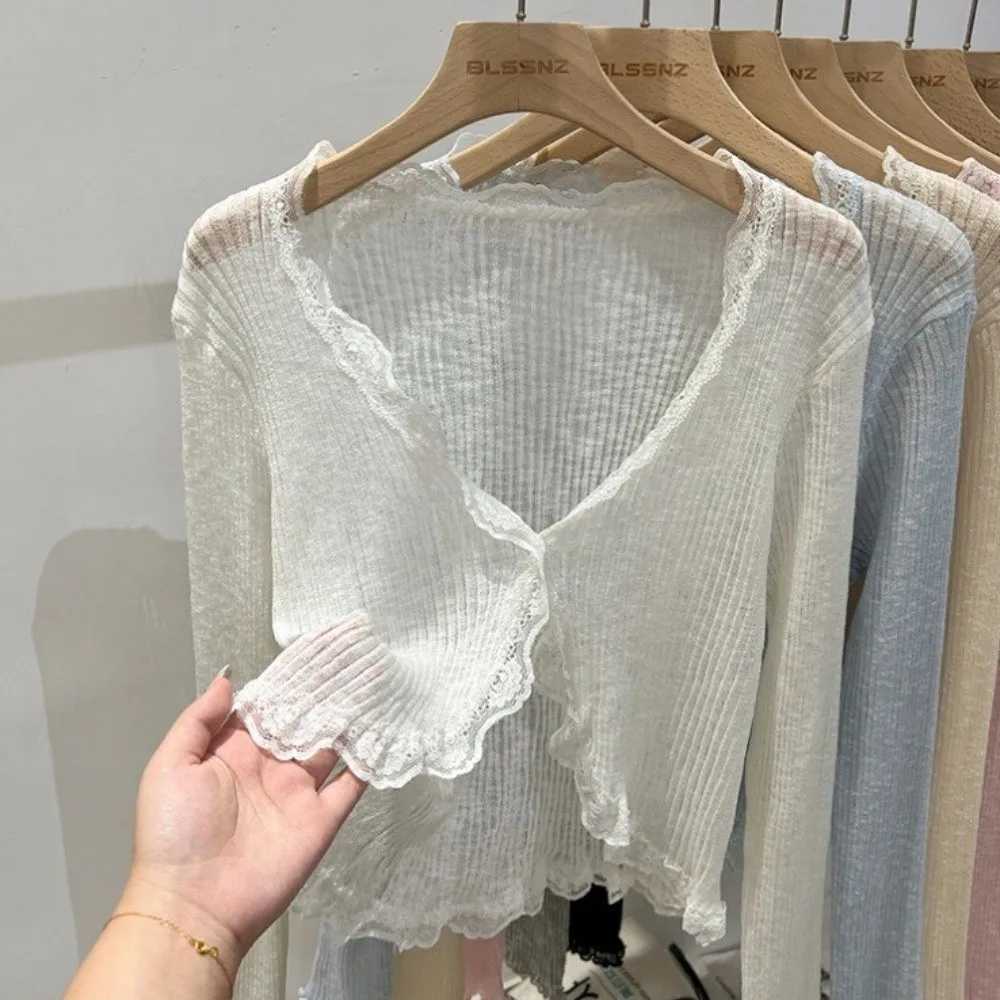 

Summer Lace Trim Crop Top Long Sleeve V-neck Sun Protection Cardigan Thin Breathable Travel Cover-up