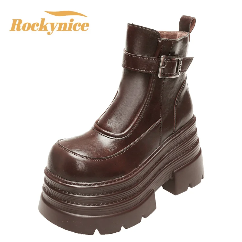 New Women Fur Ankle Boots Thick Sole Leather Combat Motorcycle Boot Autumn Winter Warm Plush High Platform Snow Shoes Woman 10CM