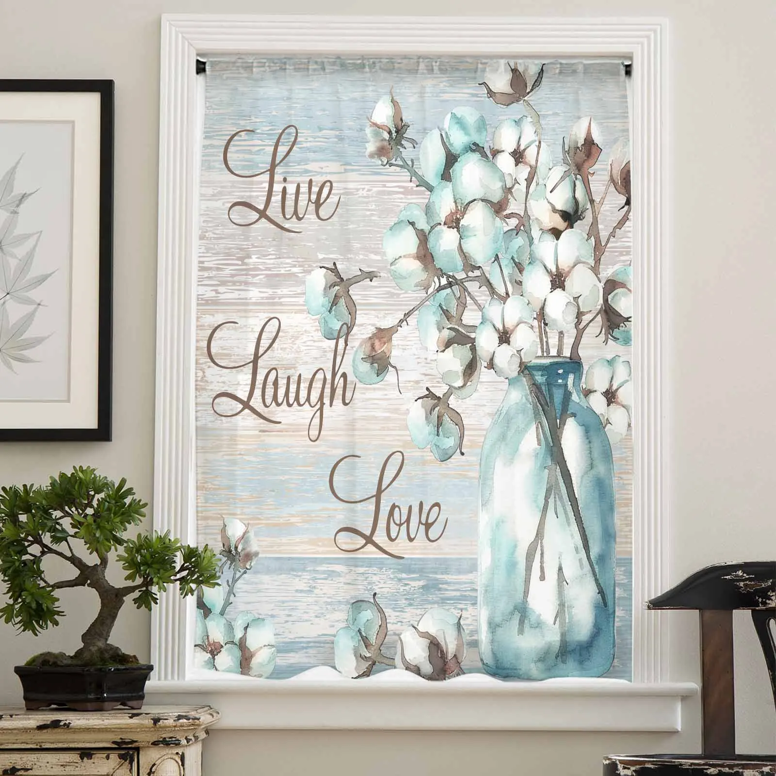 Cotton Vases Flowers Retro Rural Blue Wood Grain Sheer Curtain Living Room Drapes Home Voile Curtain Tulle Window Curtain