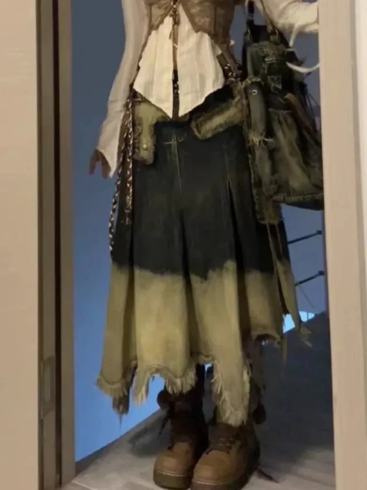 

Grunge Aesthetics Denim Skirt Japanese Y2k Vintage Distressed Jeans Skirt Punk Irregular Midi Skirt Harajuku 2025
