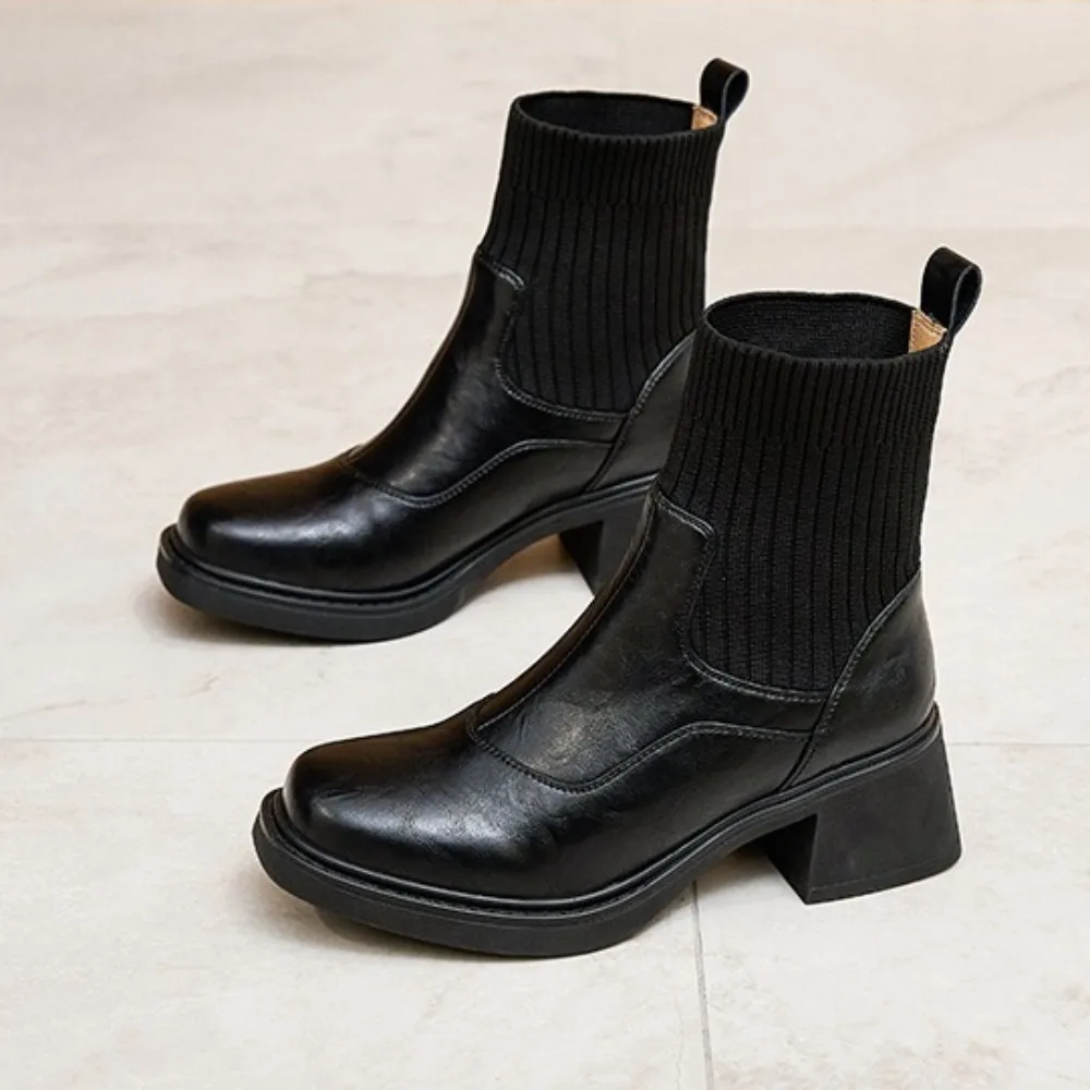 

Women's Boots Autumn and Winter New Leather Medium Boots Women's Thick-soled Small Elastic Socks Fashion Shoes Women Mid-Calf