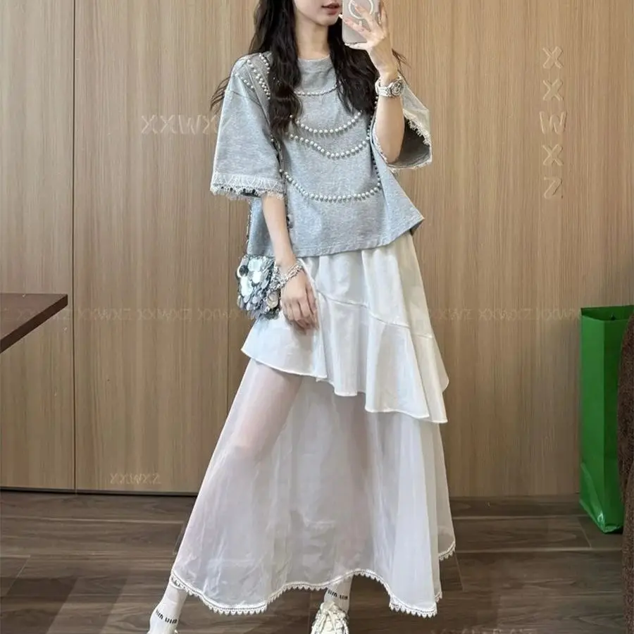 

New Fashion Summer Irregular Skirt Women Elegant Ruffle Mesh High Waist Fairy Ballet Skirt Solid Color Casual Long Jupe
