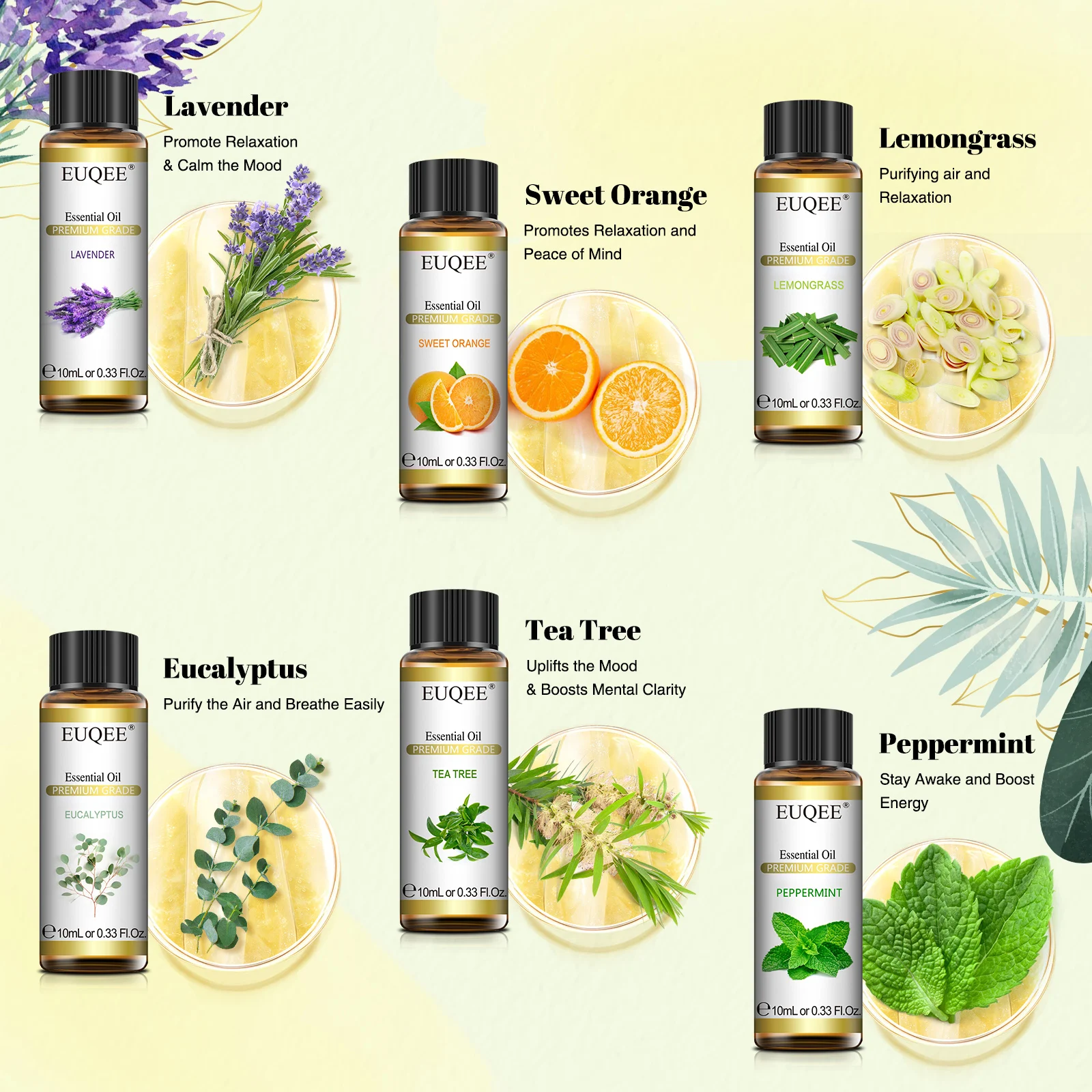 EUQEE Lavender Eucalyptus Peppermint Tea Tree Sweet Orange Lemongrass Essential Oils for Humidifier Aromatic Diffusers 6pcs/set