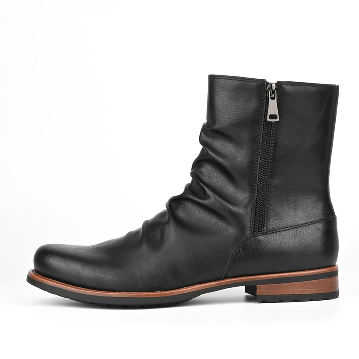 Men Boots Large Size Big Head Pleated Short Tube Zipper On Both Sides Solid Color Casual Versatile