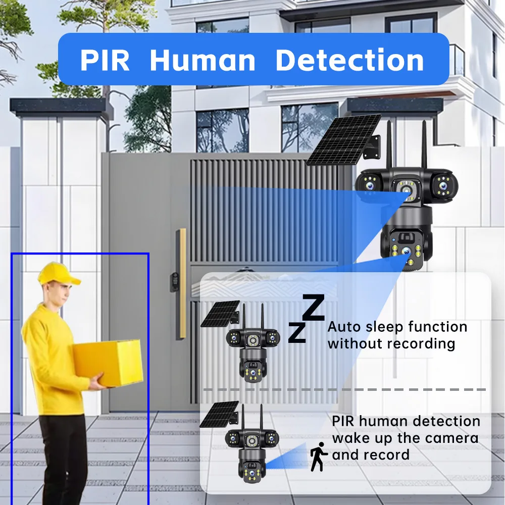 Solar Outdoor Wifi 4G Camera with Tri-lens 360 PTZ Webcam Night Vision Motion Detection Buil-in Battery CCTV Surveillance Camera