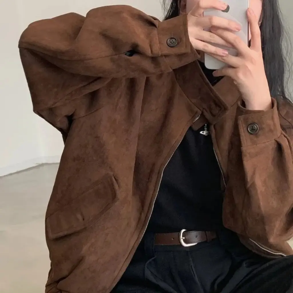 

Women's Imitation Deerskin Velvet Jacket Maillard American Style Retro Spring Autumn Short Top Loose Slimming Hair Coat