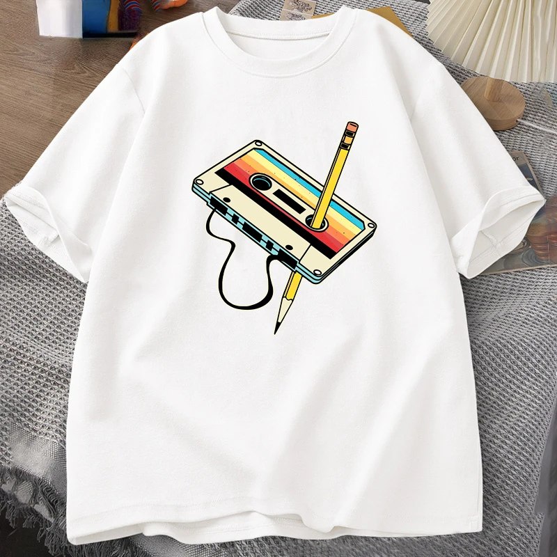 80s Cassette Tape Pencil T Shirts Men Women Throwback Music Short Sleeve Graphic  Cotton Casual 90s Tees O-neck Casual Print