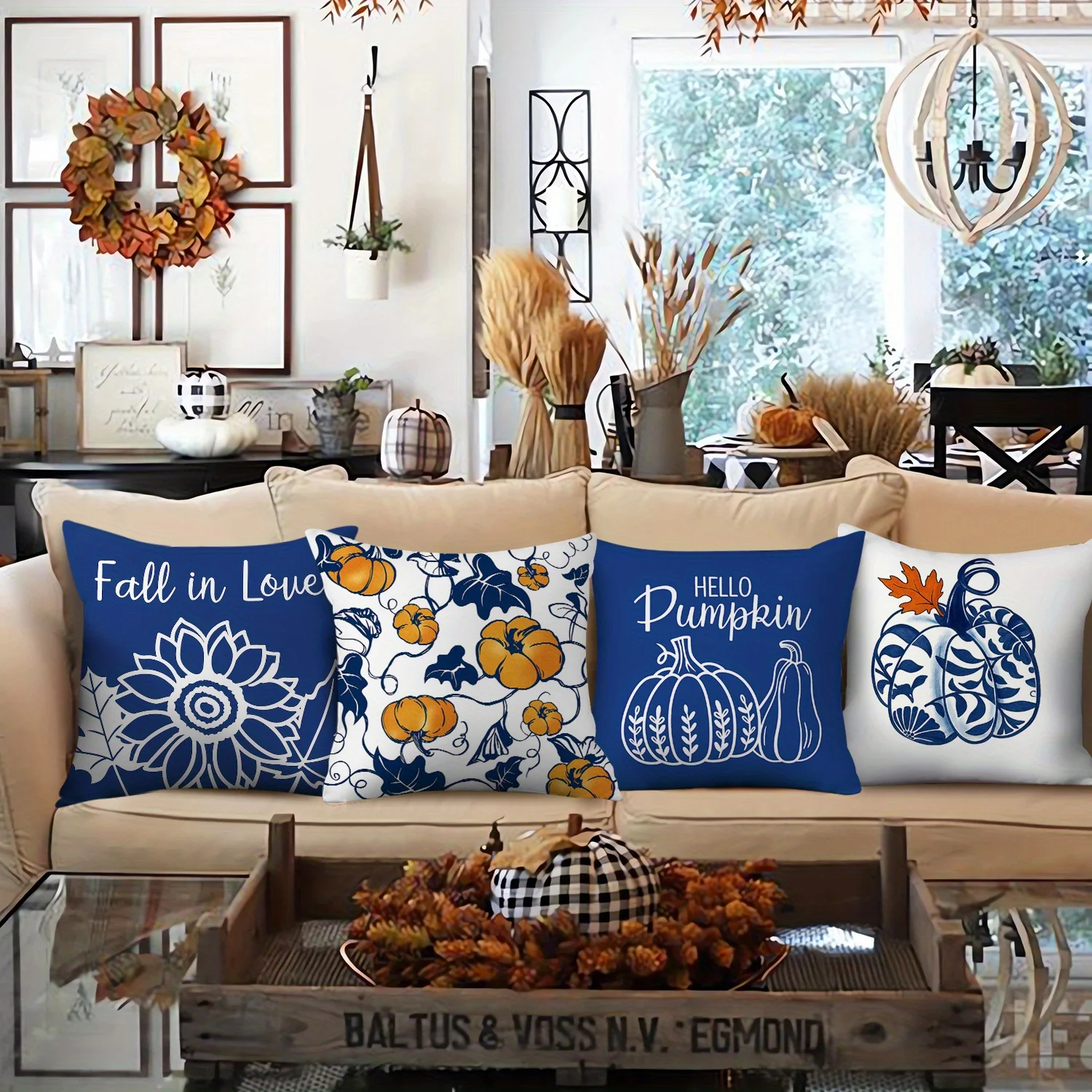 4pcs Rustic Blue White Pumpkin & Sunflower Throw Pillow Covers 