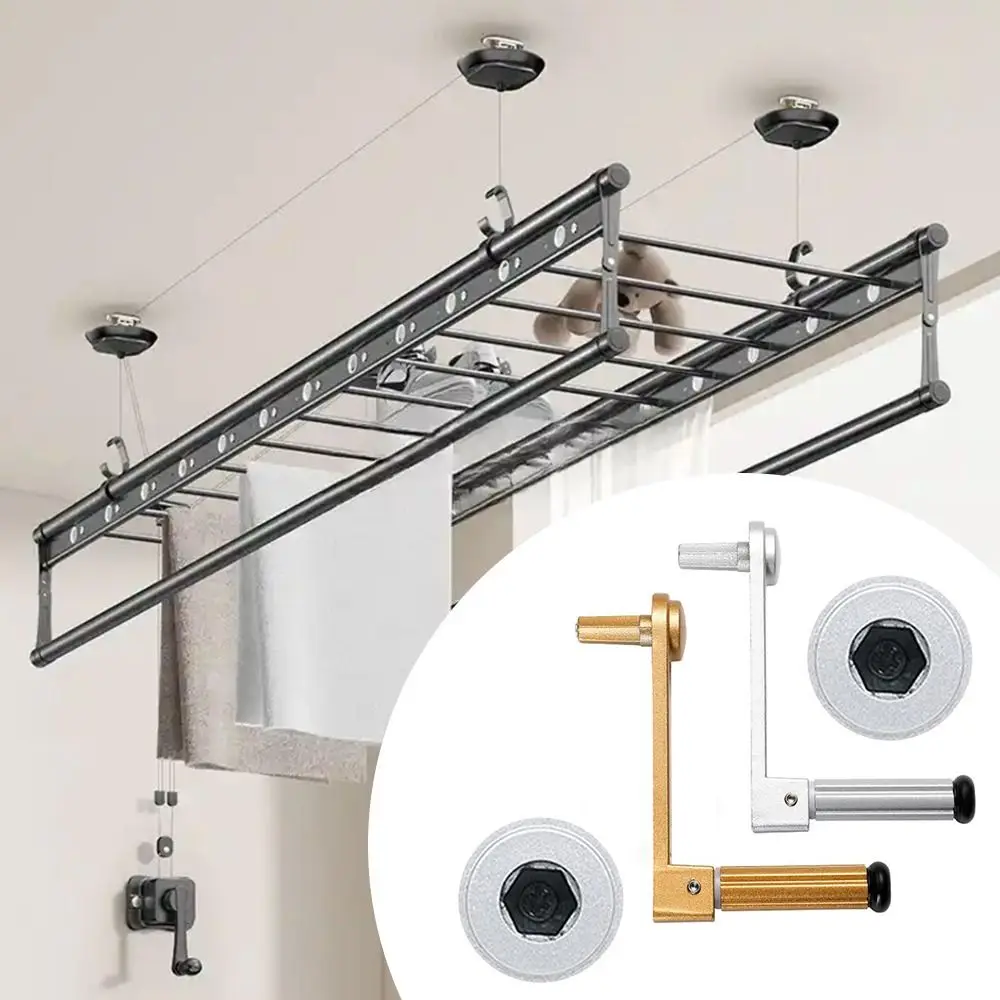 

Collapsible Lifting Clothes Drying Rack Handle Aluminum Alloy Foldable Clothes Hanger Rack Hand Crank Universal
