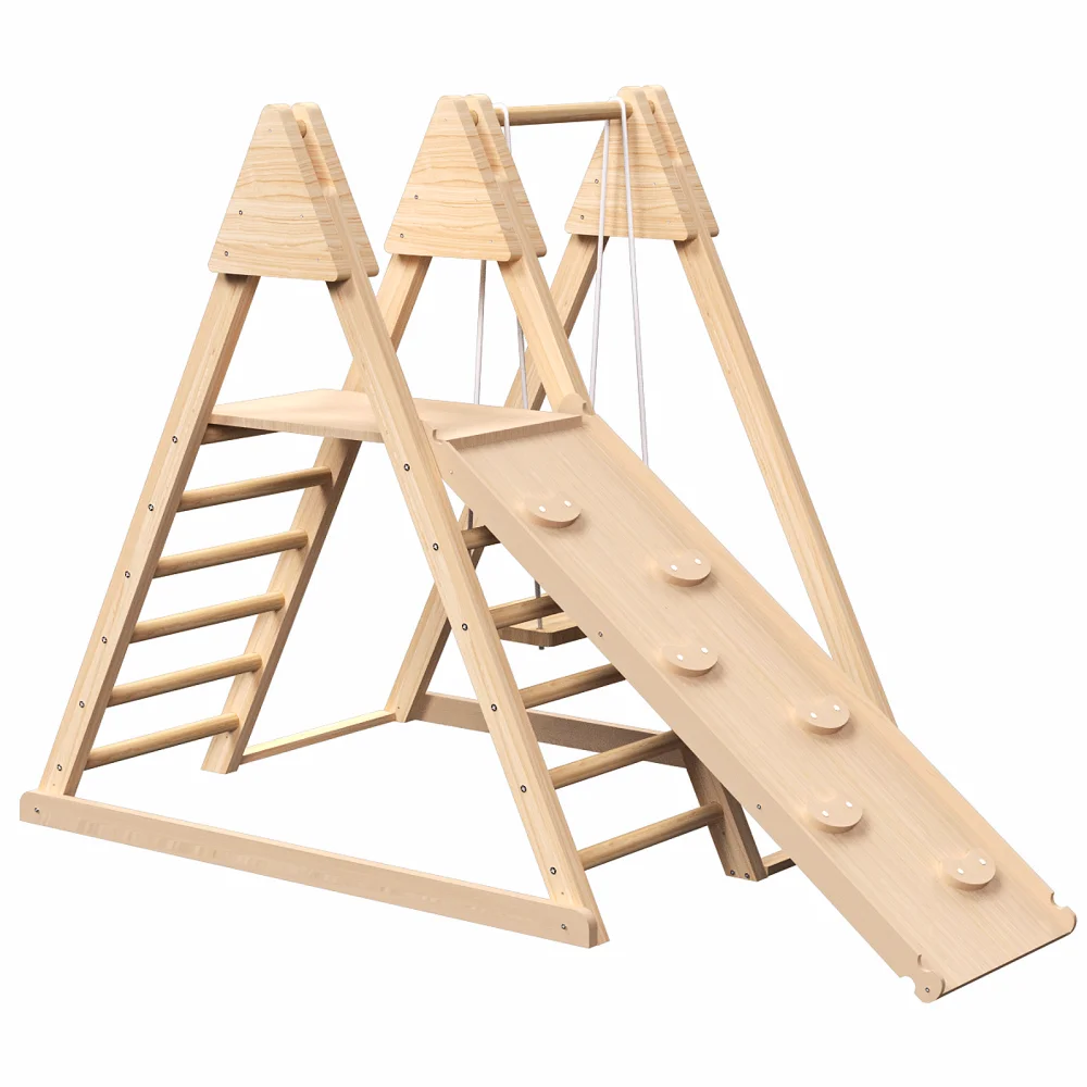 4-in-1 Juniper Indoor Play Gym Speelset met babyschommel Ladder Klimmuur Opvouwbare houten speelset Indoor Jungle Gym voor kinderen