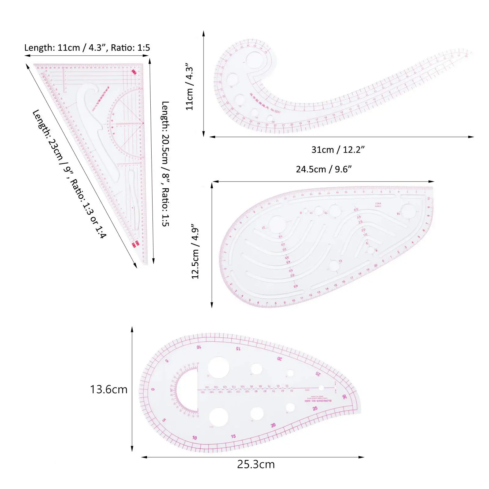 4-delige Franse curve-linialen set, duidelijke naailinalen kleermakerij naaisjablonen, kleermaker curve-linialen naaigereedschap voor kleermakers