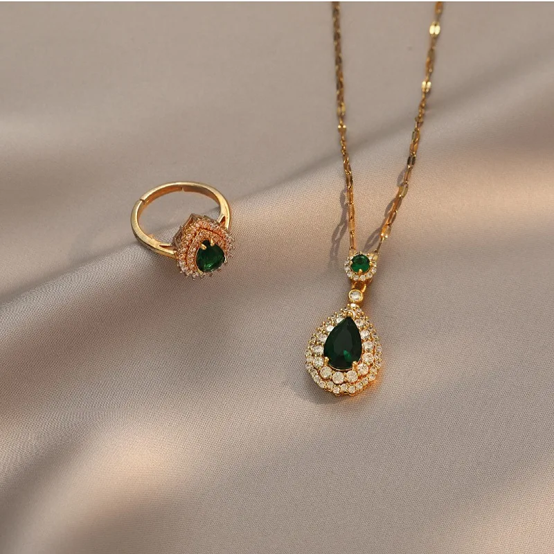 Temperament Water Drop Emerald Pendant Necklace for Women Charm Gold Color Stainless Steel Zircon Choker Ring Bride Jewelry Set