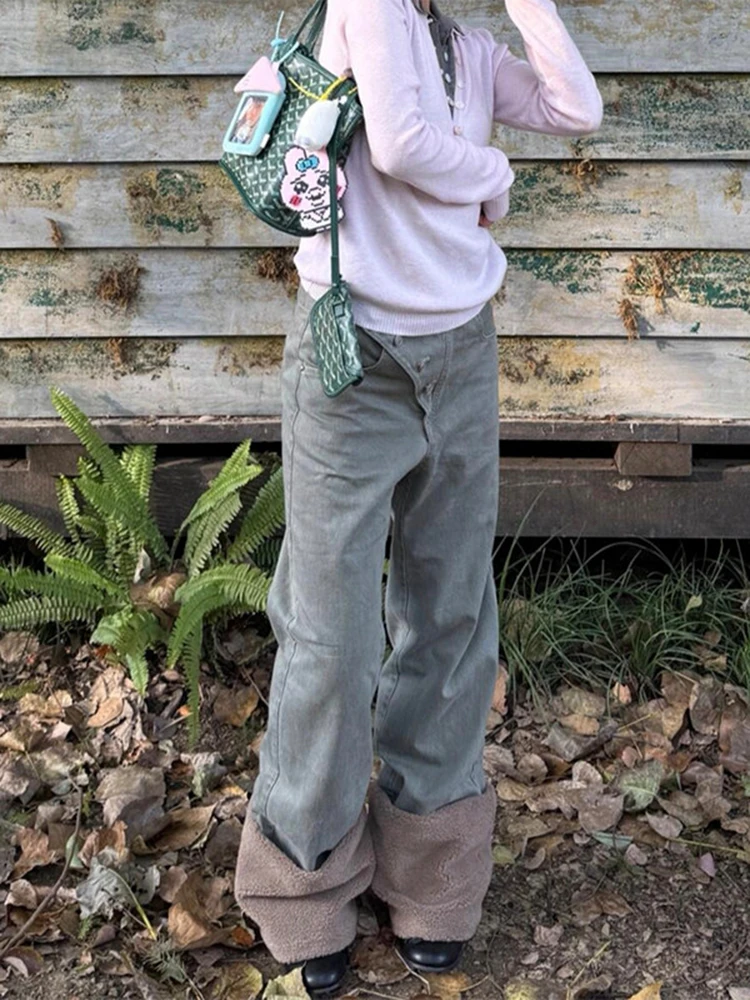 Retro fleece patchwork jeans women autumn and winter vintage design sense fashionable and niche loose straight leg pants