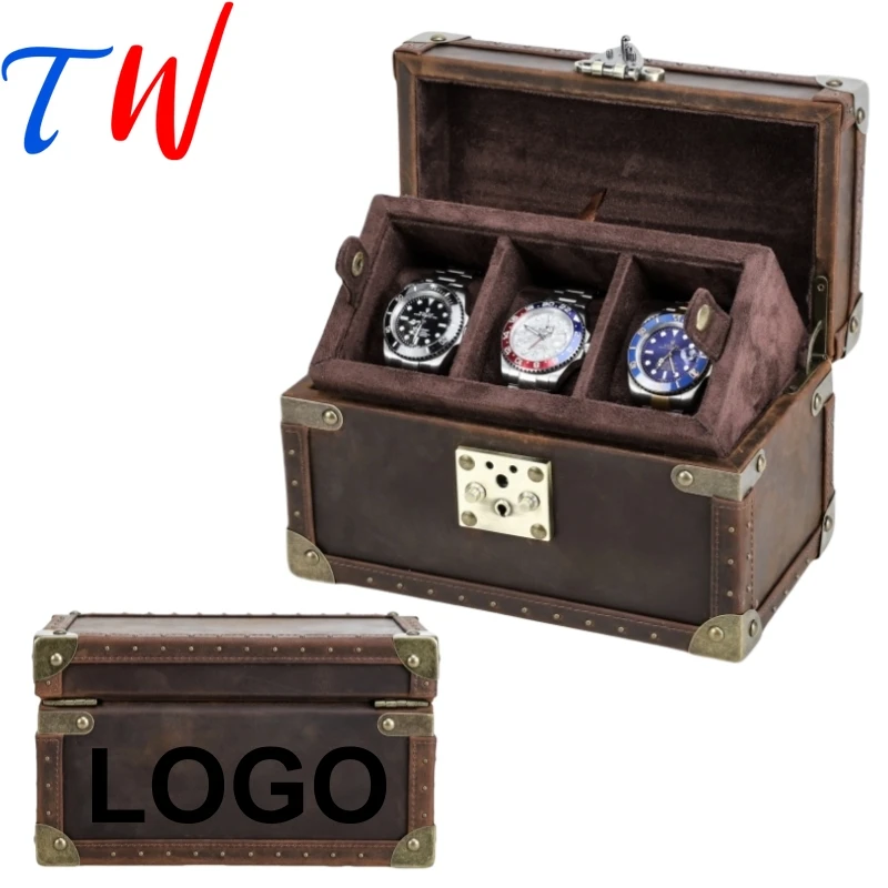 Classic Retro Rivet Watch Storage Case Box 3 Slots Watches Organizador Genuine Leather Watch Collection Case Customizable Logo