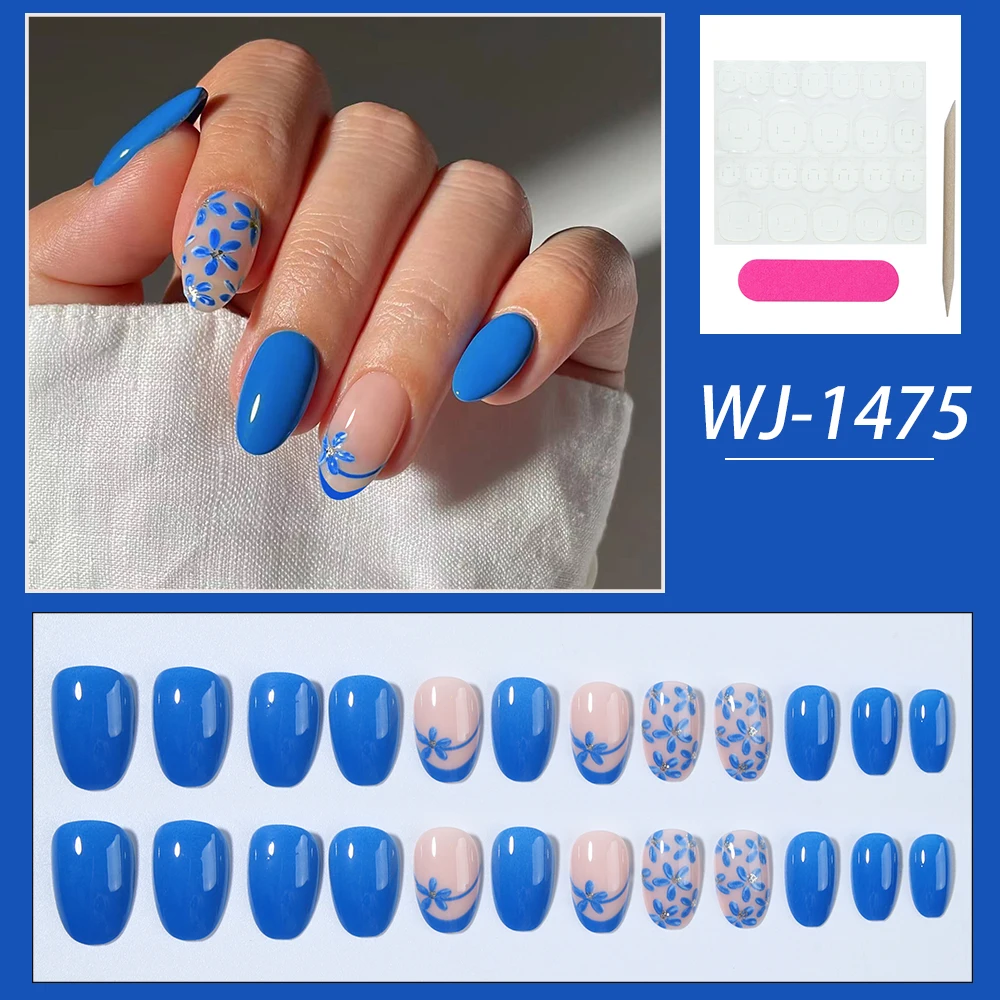 قم بتحويل أظافرك مع، 24 قطعة من الزهور الزرقاء البيضاوية القصيرة مع تصميم لامع، اضغط على مجموعة أظافر، لون حلوى معكرون مناسب تمامًا أ #6