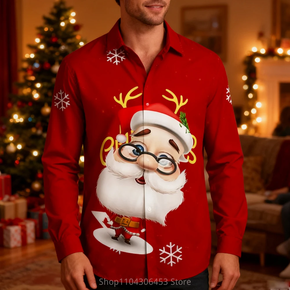 

Men's Christmas New Year Cartoon Funny Santa Claus Red 3D Print Lined Holiday Party Shirt Men's Autumn and Winter New Casual Top