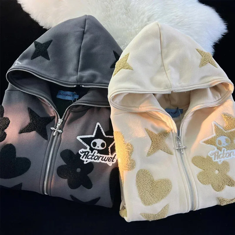 Sudadera con capucha y cremallera para mujer, ropa Kawaii Harajuku Y2K, sudadera de tela gótica completa, chaqueta de gran tamaño Grunge de Hip Hop, 2024