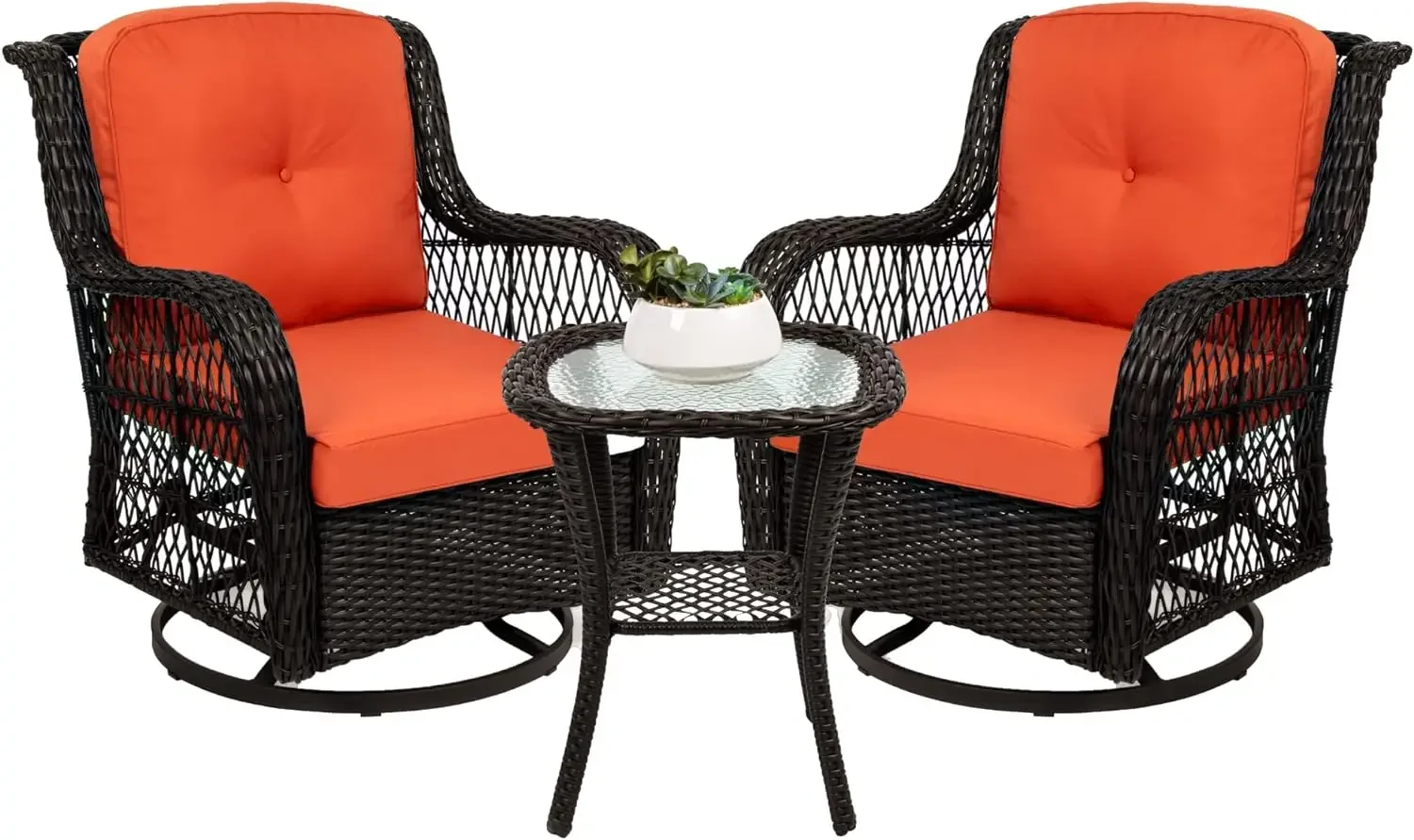 Outdoor Wicker Patio Bistro Set, cadeiras giratórias, tampo de vidro temperado, mesa lateral, 2 360 graus, 3 pcs