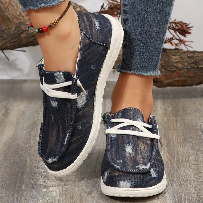 

European and American Large Size Canvas Denim Women's Shoes Fashionable Ripped Canvas Casual Lightweight Lace-up Women's Shoes