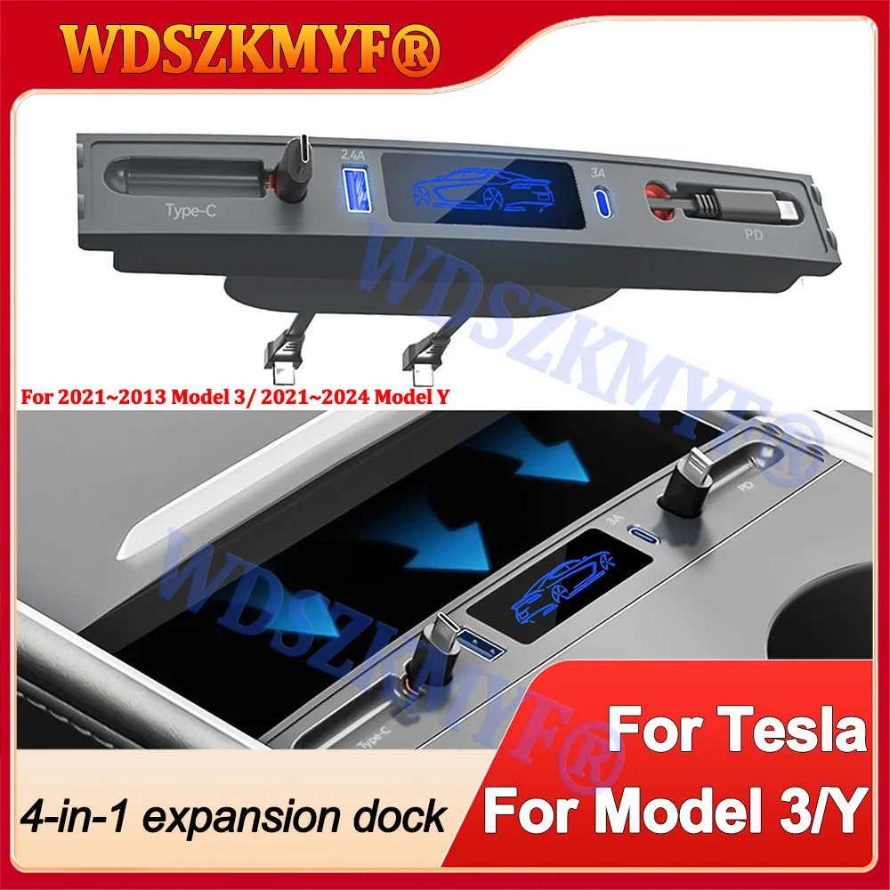 

For Tesla 2021-2023 Model 3 2021-2024 Y 27W Quick Charger USB Hub Intelligent Docking Station Adapter Powered Splitter Extension