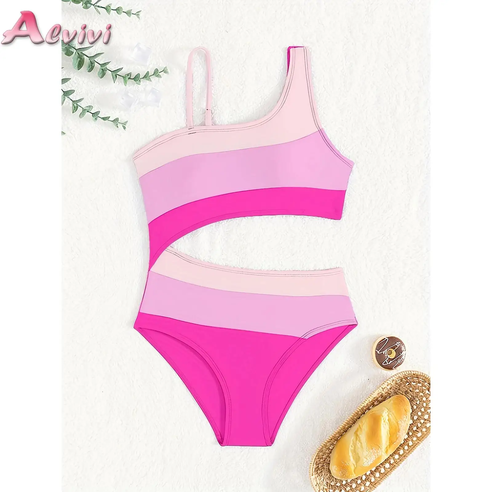Girls One Piece Swimsuit Kids Color Blocking Striped Asymmetrical Shoulders Hollow Out Bathing Suit Swimwear for Pool and Beach