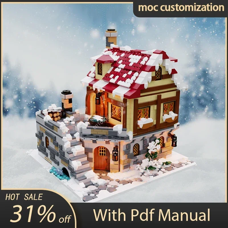 

2458 шт. MOC таверна под снегом, модульная средневековая зимняя кабина, креативная модель, строительные блоки, сборка, модель, подарки