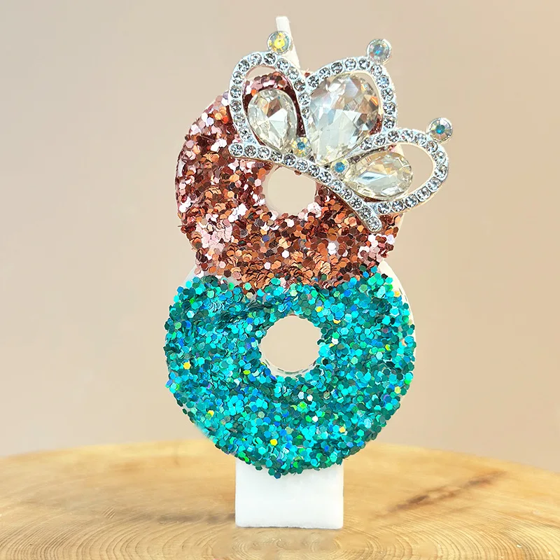 Diamond-encrusted Crown Digital Candle, Green And Brown Sequined Birthday Candle, Festive Party Dessert Cake Decoration Plug-in