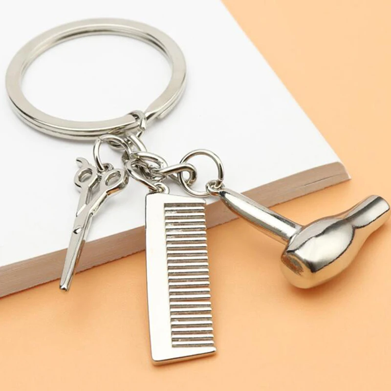 Barber Shop Tools Key Ring Hair Dryer Scissors Comb Pendants Simulation Keychain