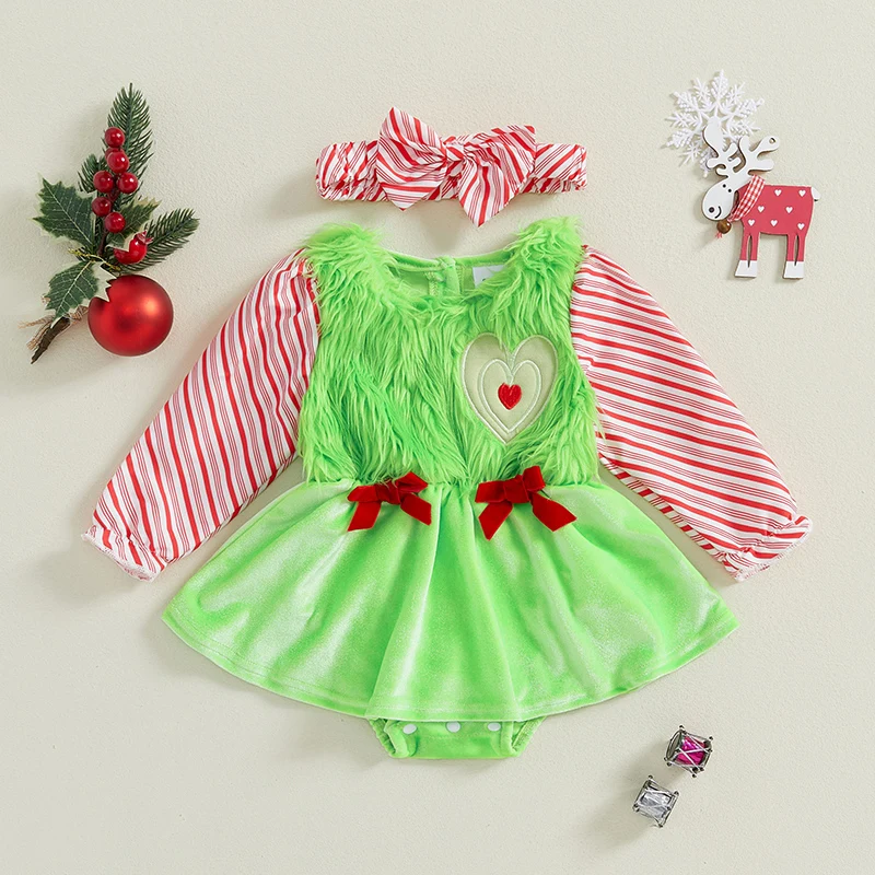 Baby Girl Christmas Romper Dress Stripe Long Sleeve Fuzzy Patchwork Jumpsuit with Bow Hedband