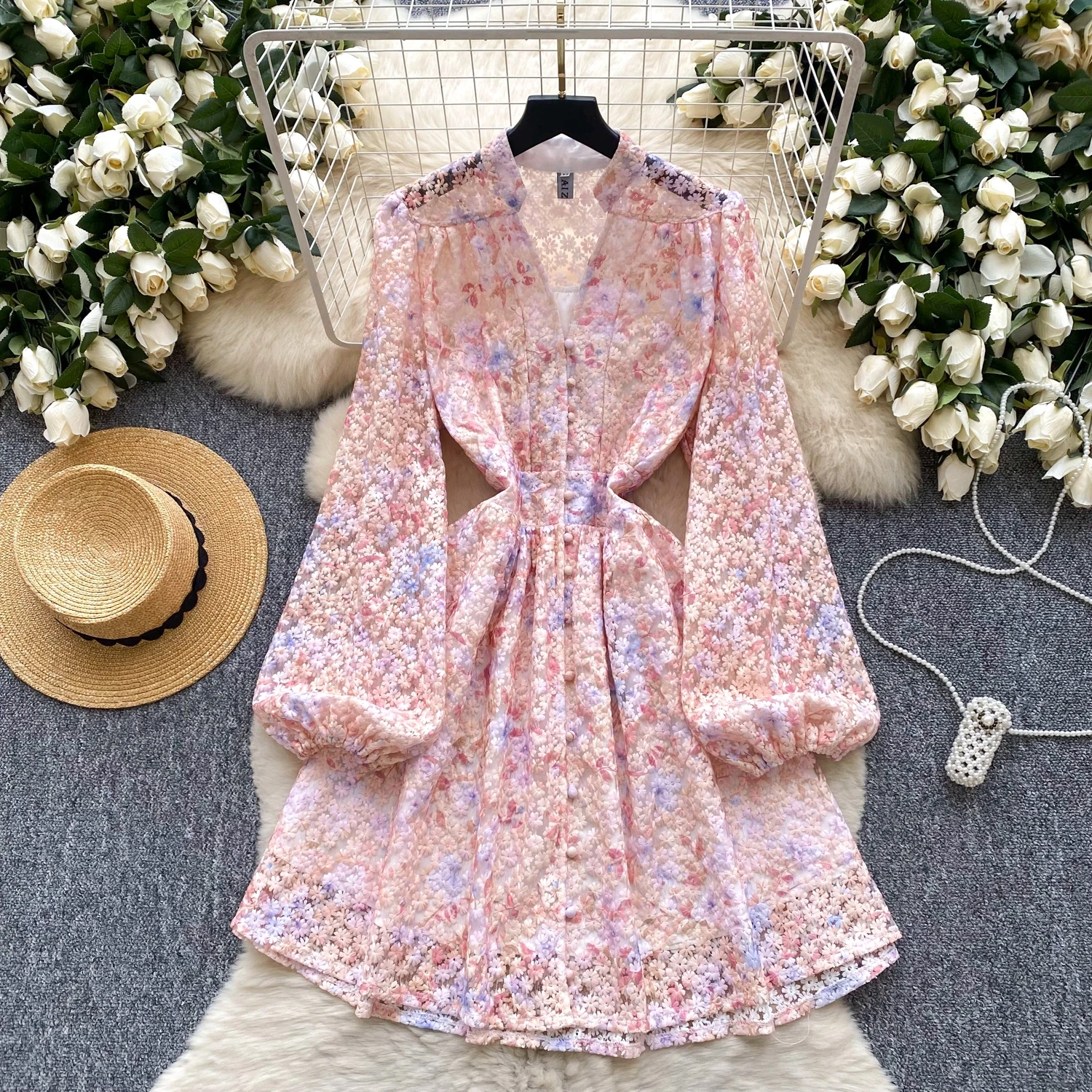 

Clothland Women Stylish Floral Mini Dress V Neck Hollow Out A Line Female Sweet Dresses Vestido Mujer QE028