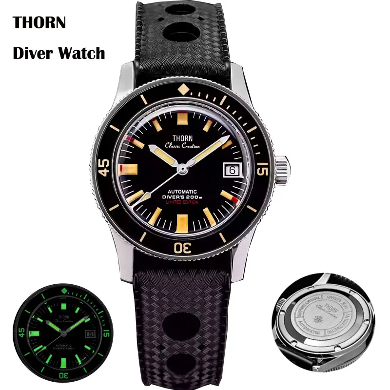 

Thorn Men's Vintage Diver Watch 38mm Black Dial Full Luminous Bezel Bubble Sapphire Glass PT5000 Movement 20Bar Water Resistant