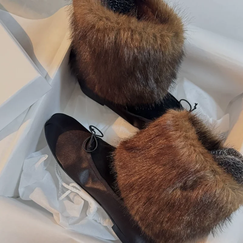Mink Fur Shoes for Women Round Toe Flat Heels Butterfly-knot Zapatos Mujer Mixed Color Female Short Boots Pleated Chassure Femme
