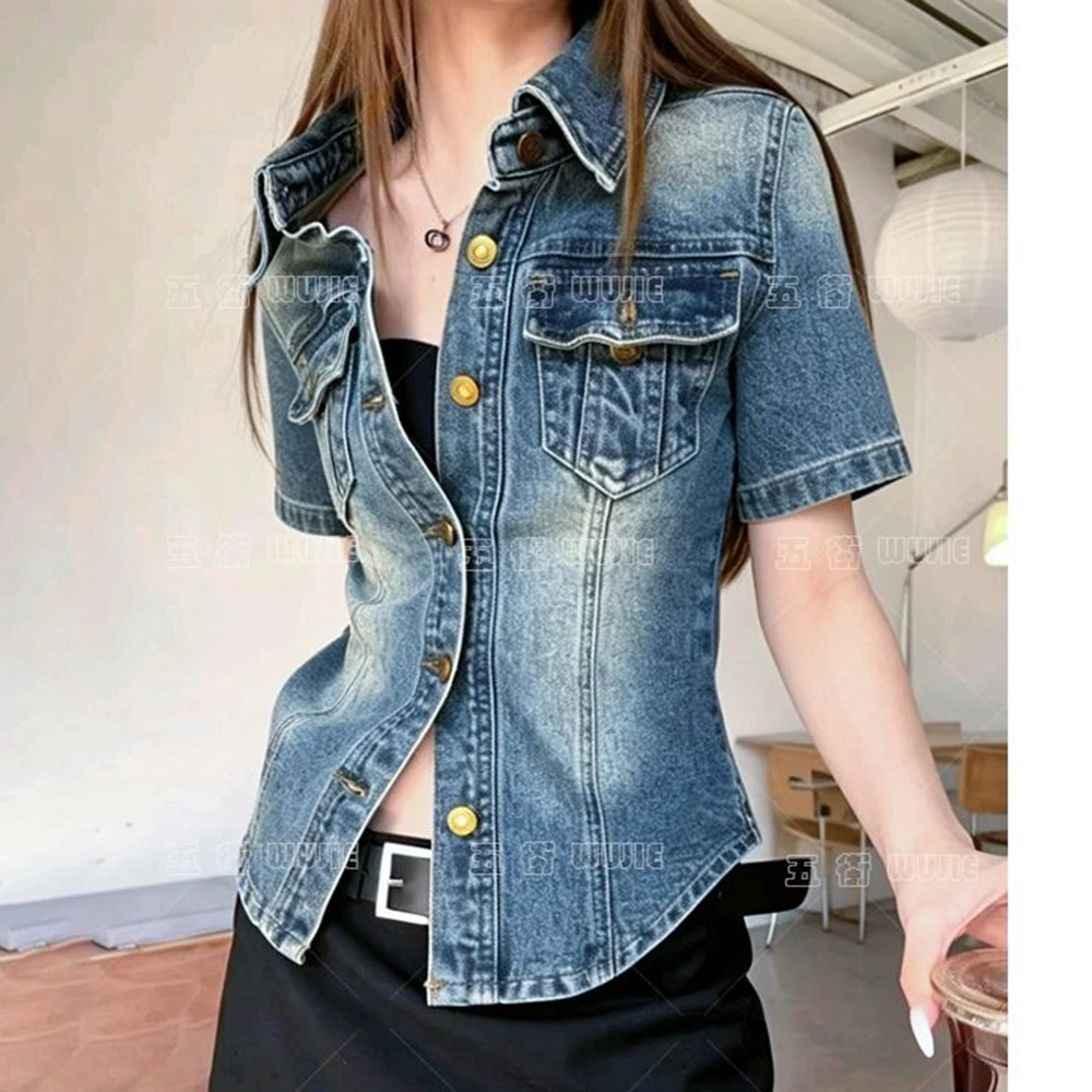 French retro Polo collar short-sleeved denim jacket women's summer 2026 fashion loose single-breasted temperament top