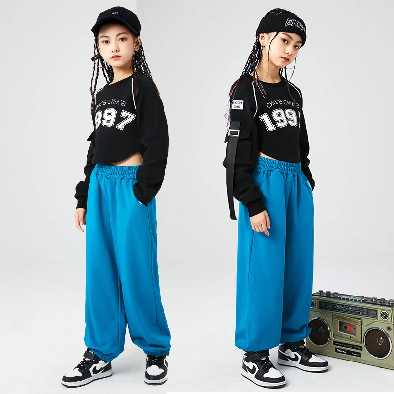 Kids Hip Hop Clothing Teenager Jacket Crop Tops Causal Streetwear Blue Sweat Pants for Girls Jazz Dance Costume Showing Clothes