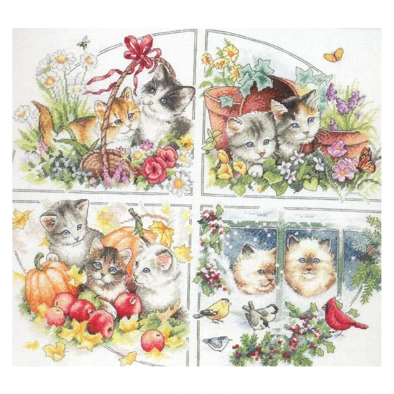 Amishop Gold Collection Counted Cross Stitch Kit Four Seasons Kittys Cats In Flowers Animals Diy Home Decoration Dim 35154