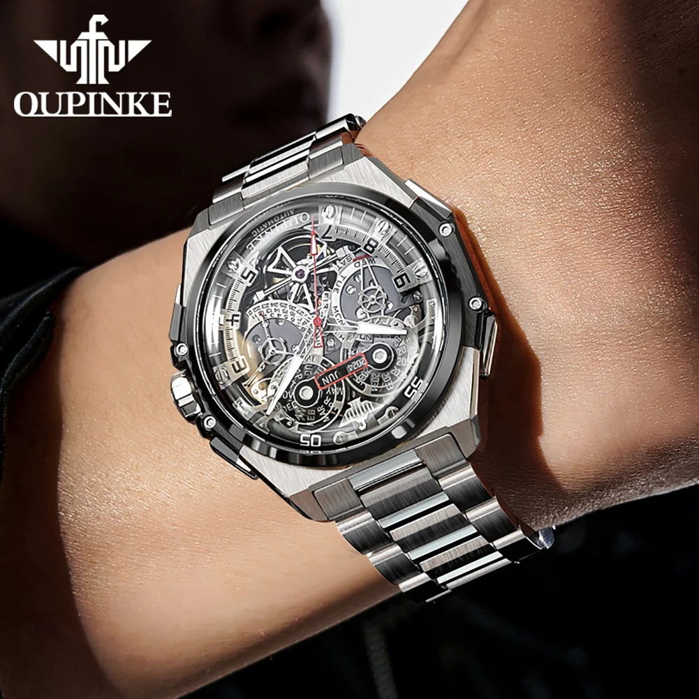 OUPINKE Multifunction Mechanical Wrist watch for Men Tungsten steel Strap Luxury Date Chronograph Men Watches Flywheel Design