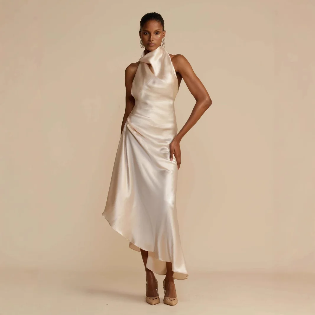 

2025 European and American Cross border Summer New Women's Wear High end Satin Split Sexy backless Dress Evening Dress Fashion