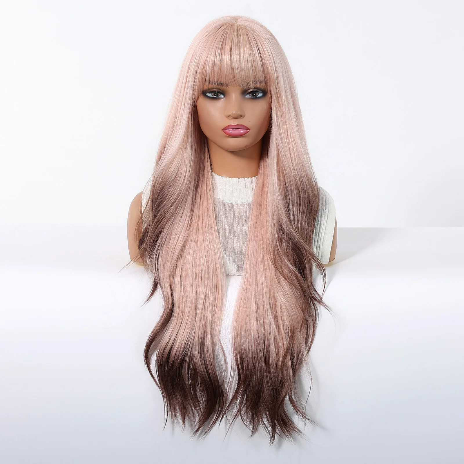 Long Wavy Dirty Pink Wig with Bangs Y2K Anime Cosplay Natural Looking Synthetic Hair for Women Halloween Party Costume