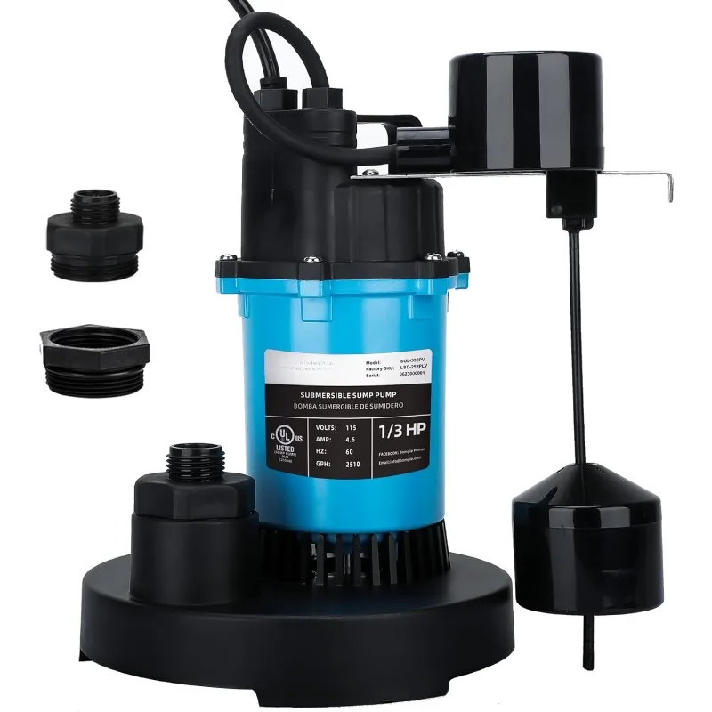 1/3HP Sump Pump Submersible 2510GPH, Vertical Float Switch Automatic Utility Pumps for Clean/Dirty Water Pump Thermal Protector