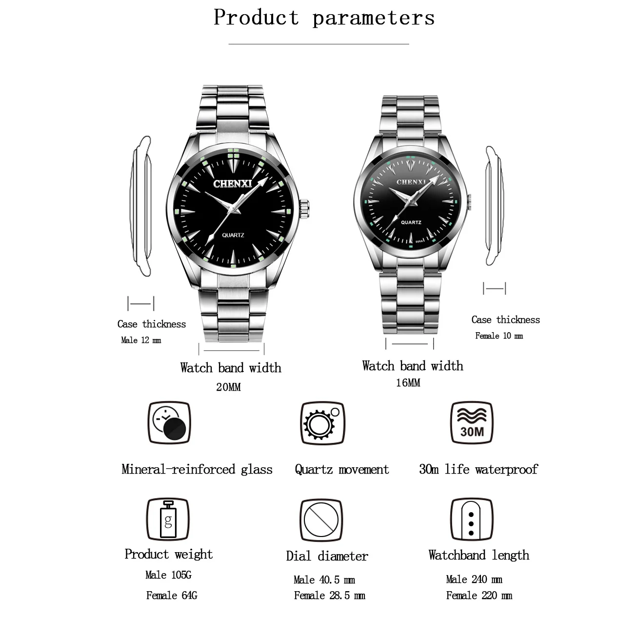 CHENXI 006A Fashion Couple Quartz Watch Casual Luxury Brand Clock Stainless Steel Lover Women Luminous Men Business Wristwatches