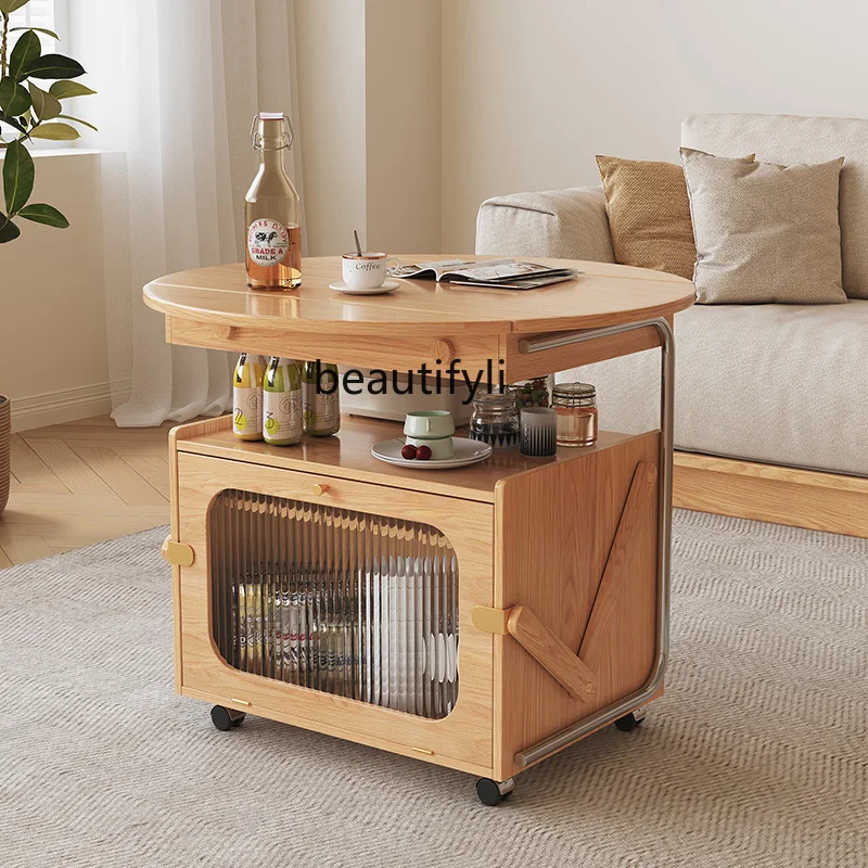 Log wind coffee table living room household side table, modern simple small apartment round foldable mobile tea table