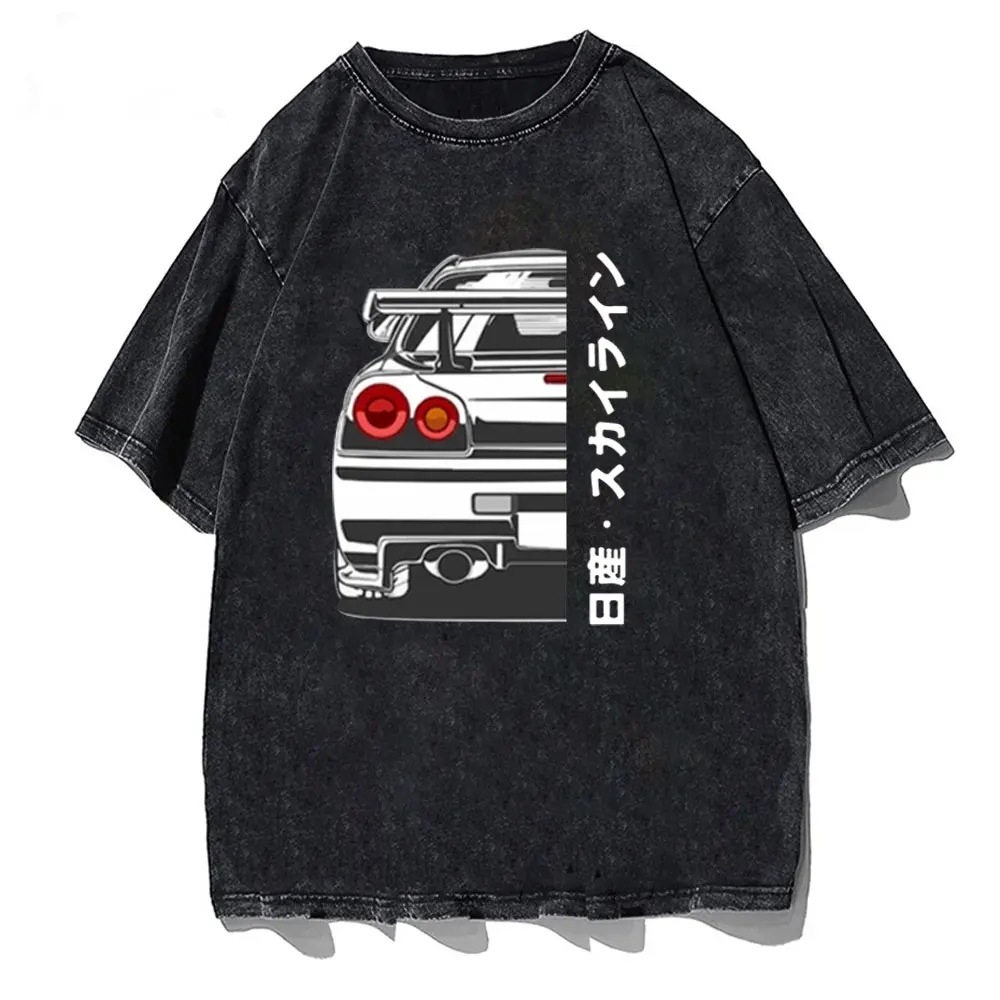 Nissan Skyline R34 GTR JdmRetro washed T Shirt Cotton Short Sleeve Unisex Streetwear Men\'s Tshirts Clothing vintage t shirt