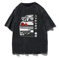 メンズ半袖コットンTシャツ,ウォッシュドコットン,日産,スカイライン,r34,gtr,jdmレトロストリートウェア,ヴィンテージ婦人服