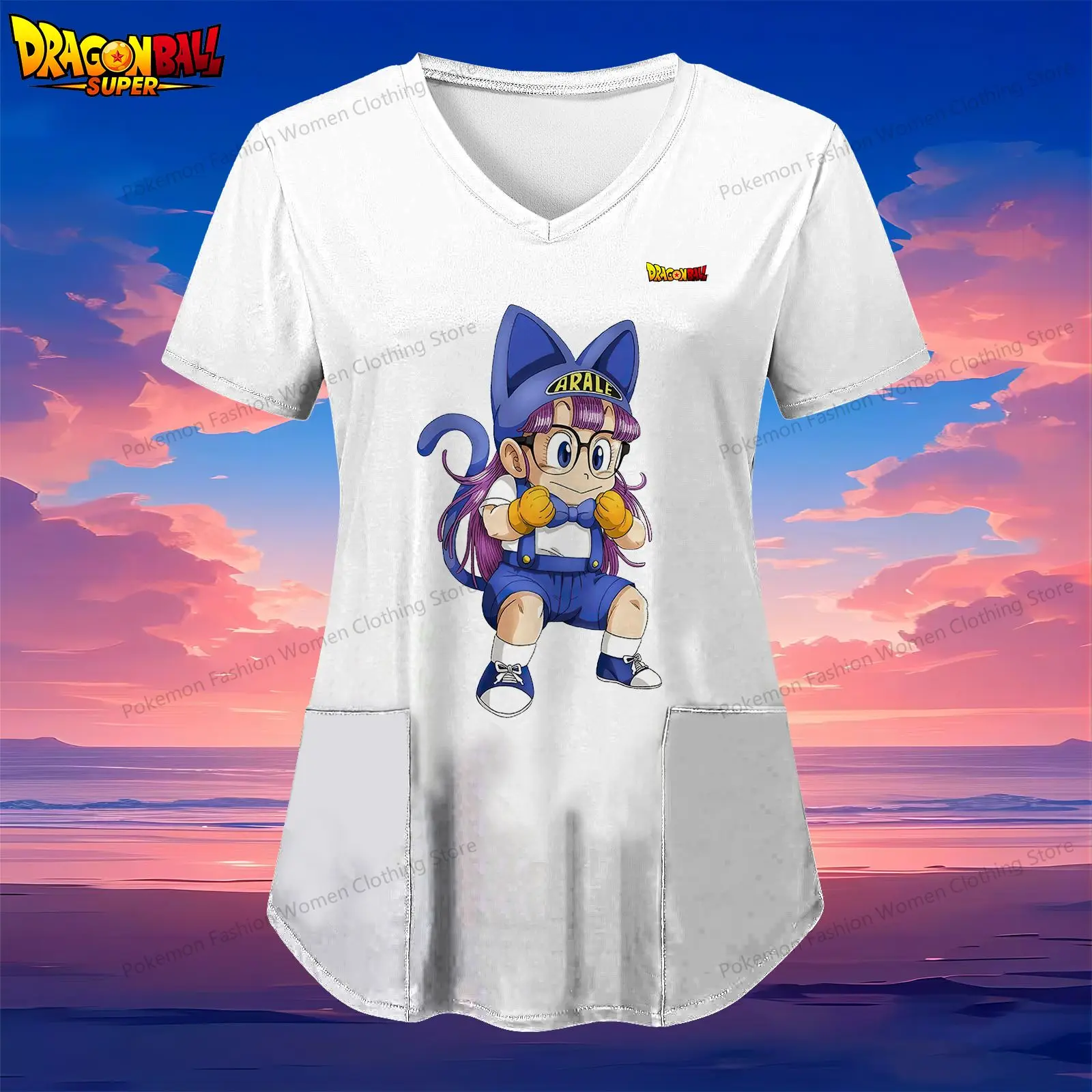 Dragon Ball Kakarotto Pocket Women's V Neck Nurse Uniform T-Shirt Woman Clothing Anime Kawaii 2024 Summer Clothes Tops S-2XL Y2k