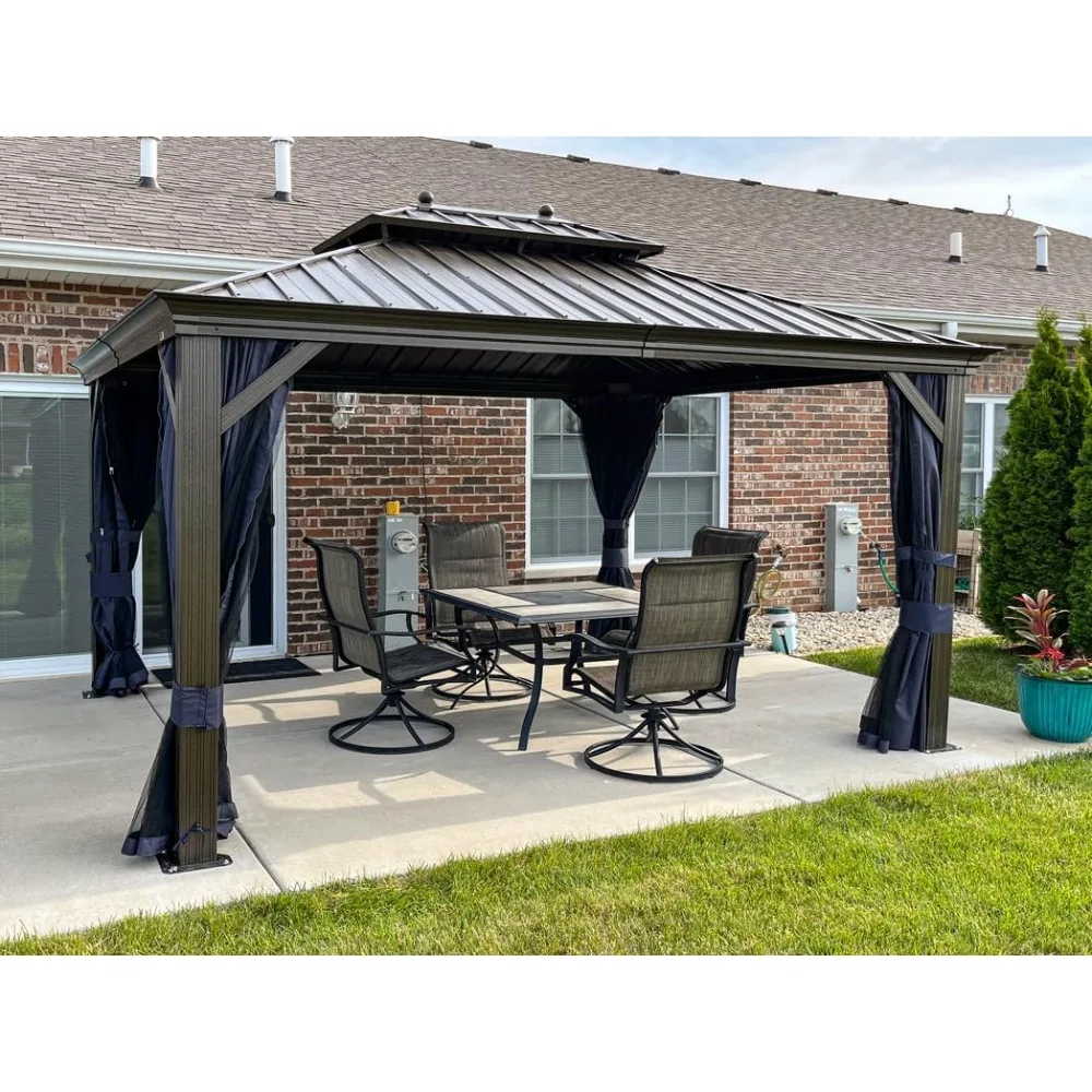 

10' X 14' Gazebo for Patio with Netting and Curtains Deck Backyard Heavy Duty Sunshade Metal Roof All Weather Pavilion Canopy