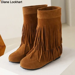 Bohemian gypsy boho ethnic national women tassel fringe Faux suede ankle boots woman girl flat shoes plush warm booties 43
