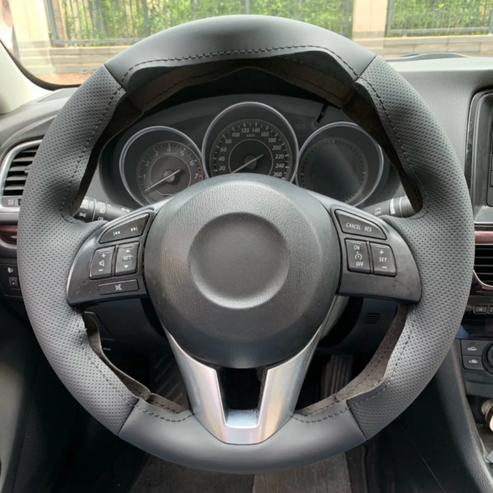 Hand-Stitched Black Wear Resistant Perforated Microfiber Leather Steering Wheel Cover For Mazda 3 6 Auto Interior Accessories