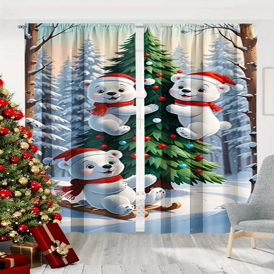 2PCS Christmas Winter Curtains, Cute Polar Bear Christmas Tree Sled Snow Forest, Digital Print, Bedroom Living Room, Home Decor