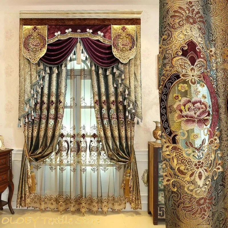 Gold Leather Hollow Luxury High-end European Embroidered Shading Curtains for Living Dining Room Bedroom Custom Home Decoration