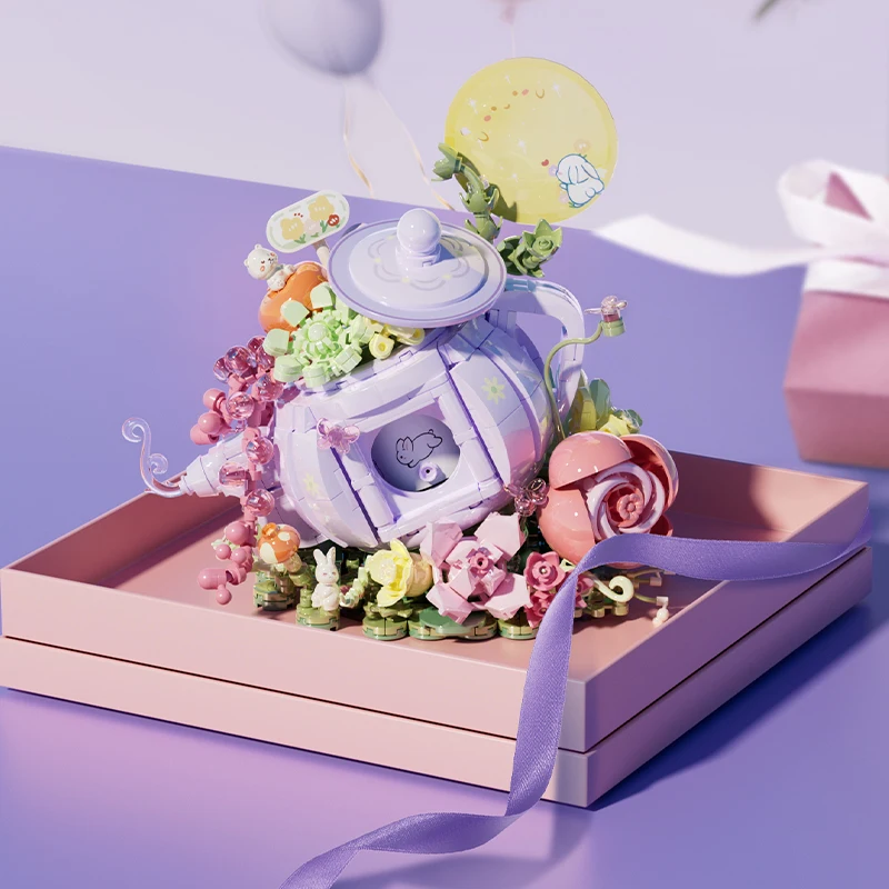 878ピース クリエイティブフラワーワークショップ 組み立てブロック 女の子の誕生日プレゼント 照明付きフラワーティーポット ウサギ 月 可愛いモデル組み立てブロック